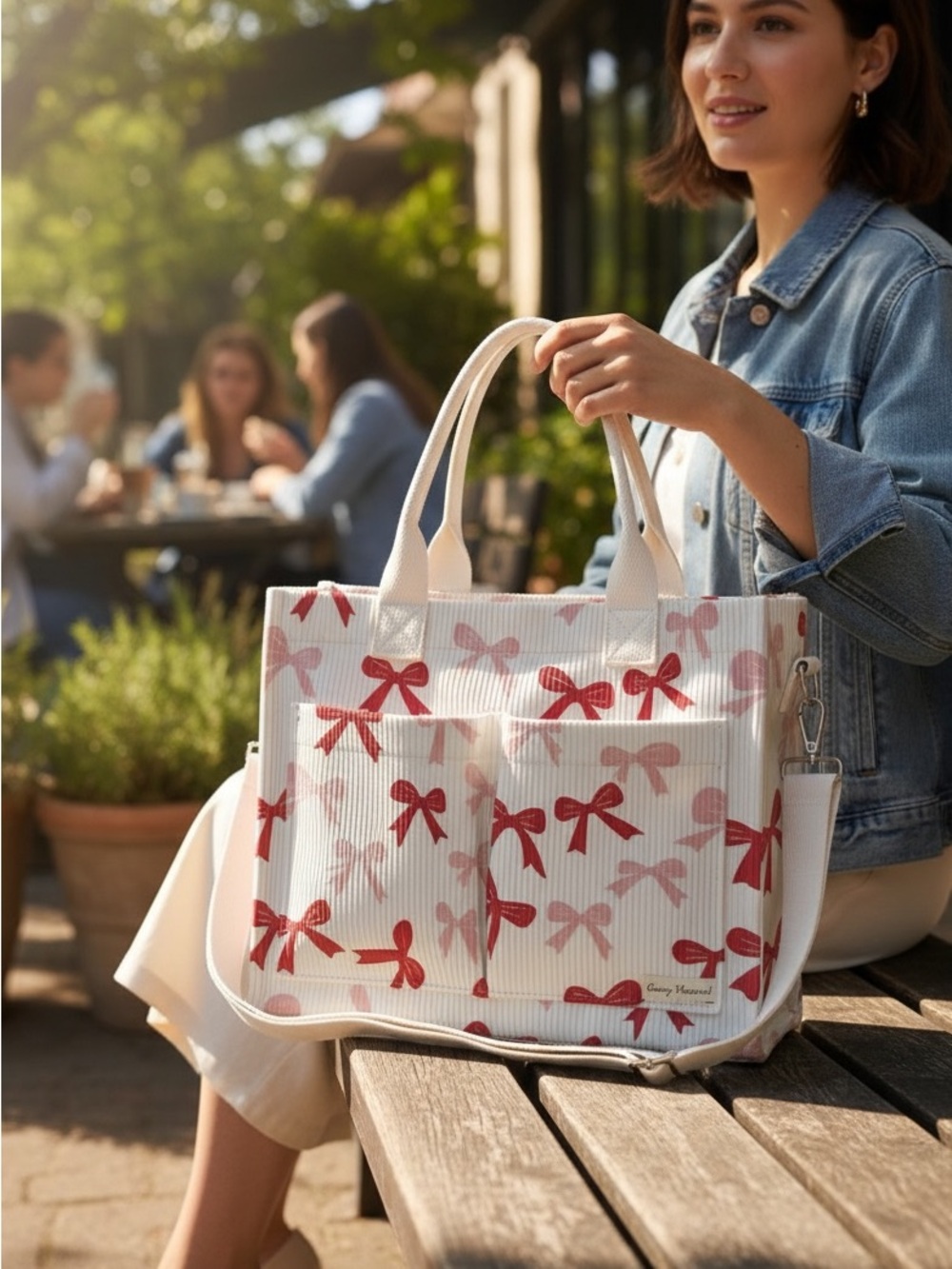 Cream Tote Bag with Red Bow Print - excellent quality - Picture 3 of 3